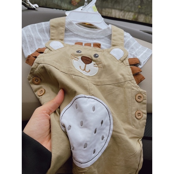 Set yếm gấu màu be kèm áo sơ mi sọc 0-24M cho bé