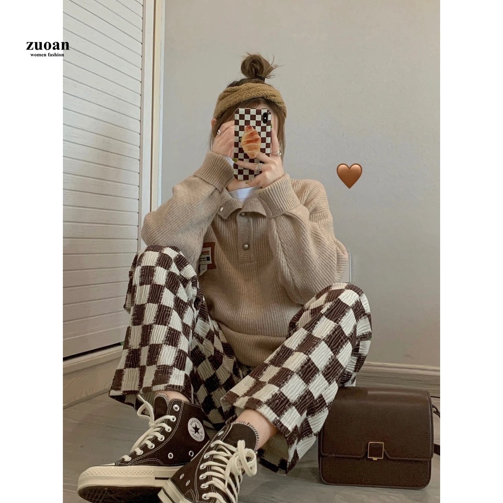 SUXI Quần dài ống rộng họa tiết caro thời trang phong cách Hàn Quốc cho nữ