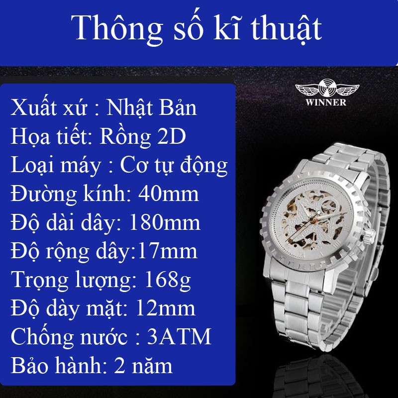 Đồng hồ cơ nam đẹp mặt rồng nổi 3D mạ vàng chính hãng cao cấp tự động automatic giá rẻ mặt tròn đeo tay dây kim loại