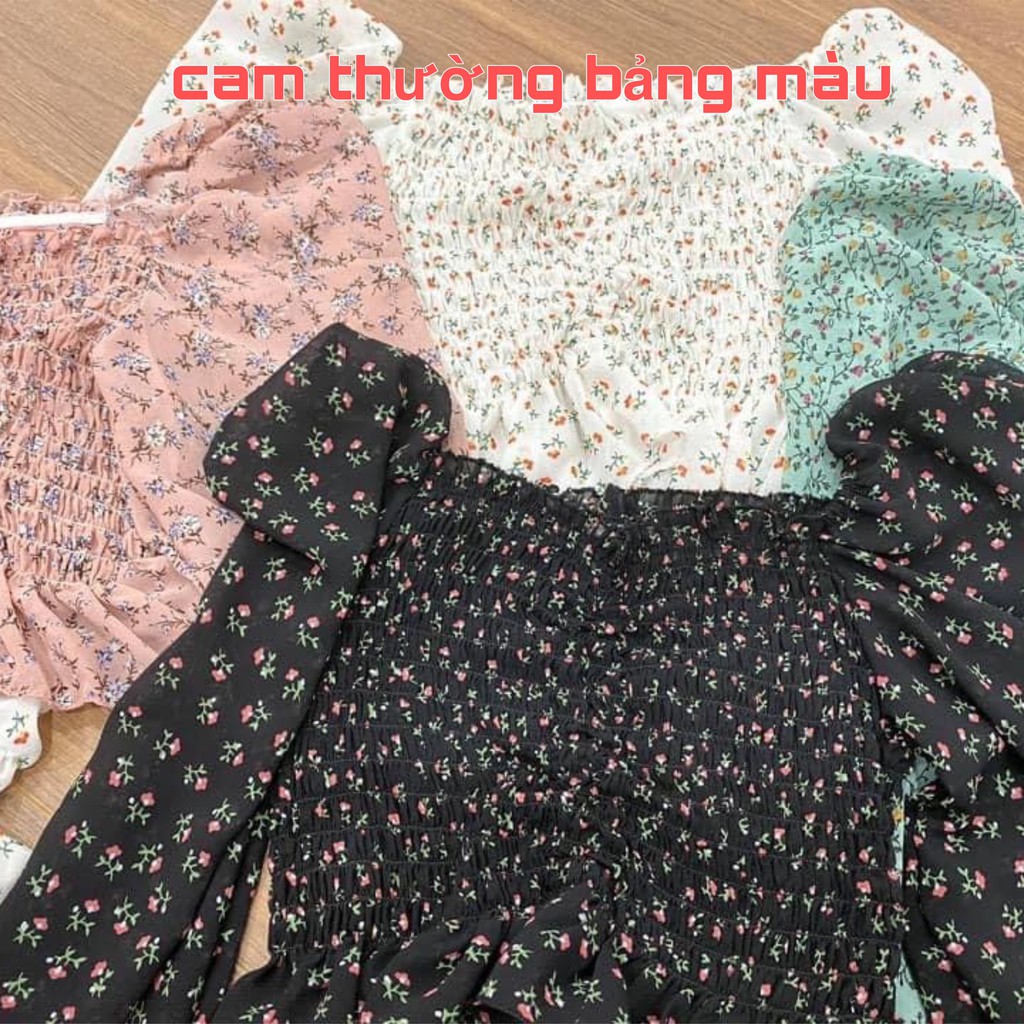 Áo croptop hoa nhí vintage chun bồng tay dài trễ Vai Thời Trang loại 1