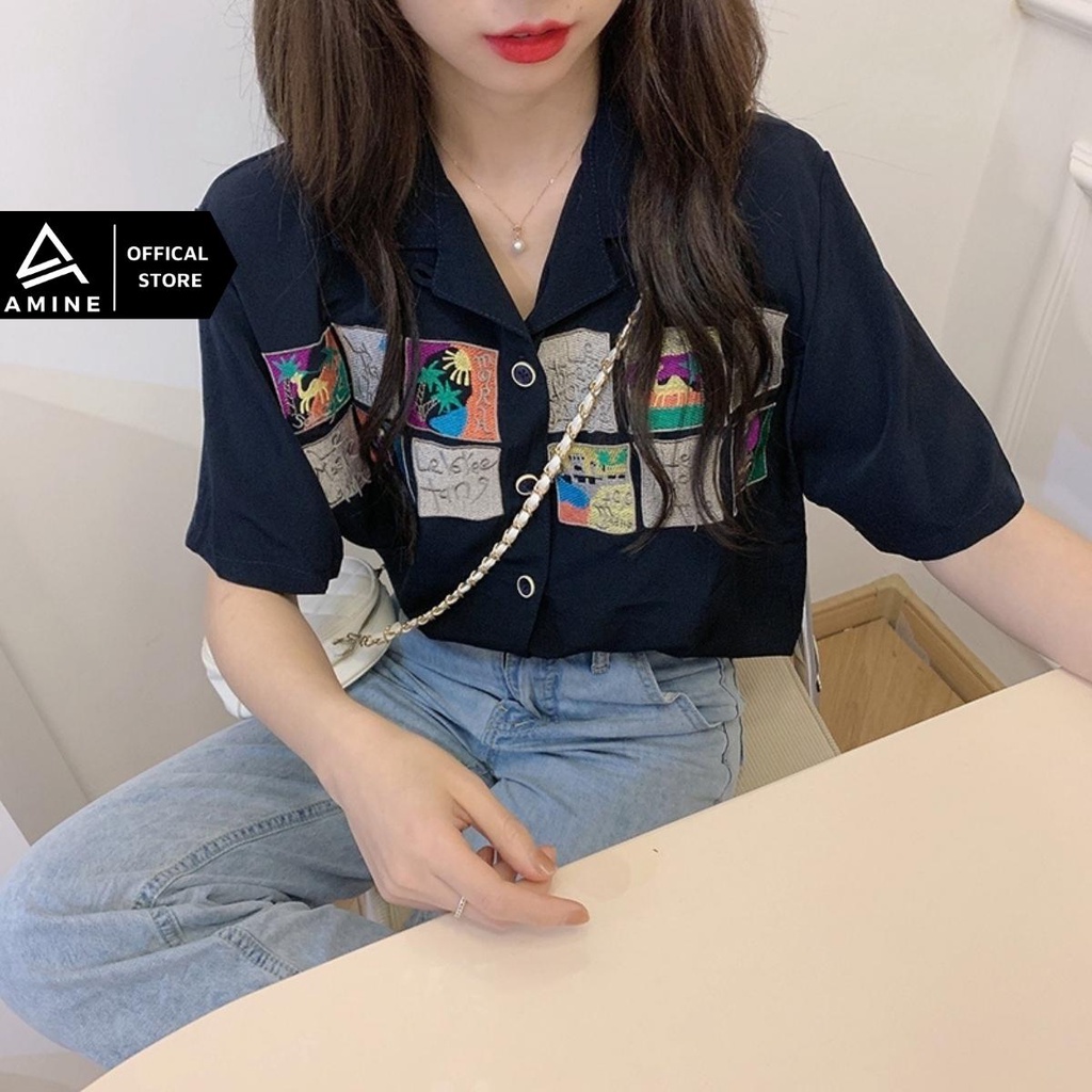 Áo sơ mi nữ đẹp, Sơ mi tay ngắn Free size thêu hình phong cách Hàn Quốc M01 | BigBuy360 - bigbuy360.vn