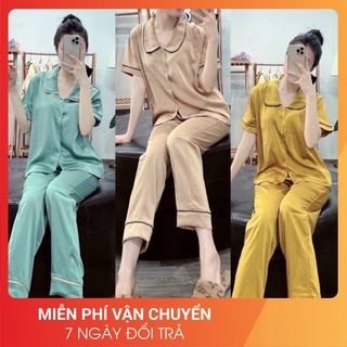 Bộ ngủ pijama lụa siêu mềm mịn cổ sen tay cộc trơn