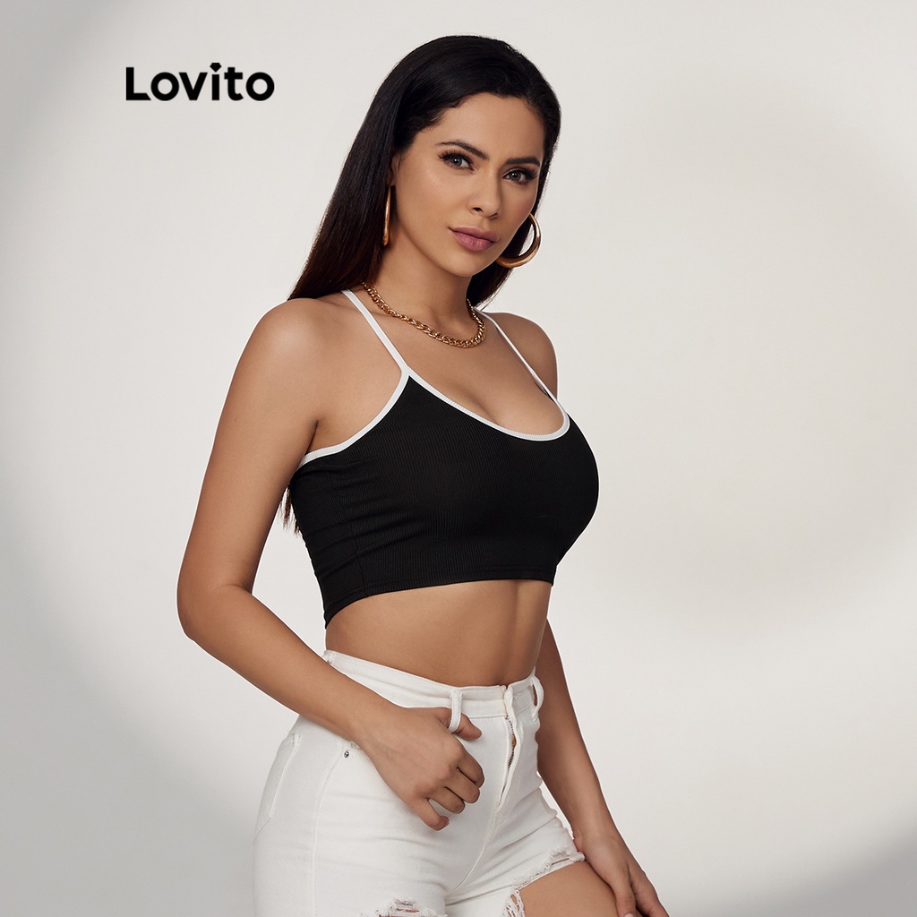 Áo yếm lửng Lovito cột dây sau lưng phối viền tương phản màu trơn thường ngày L17D127 (Màu đen)