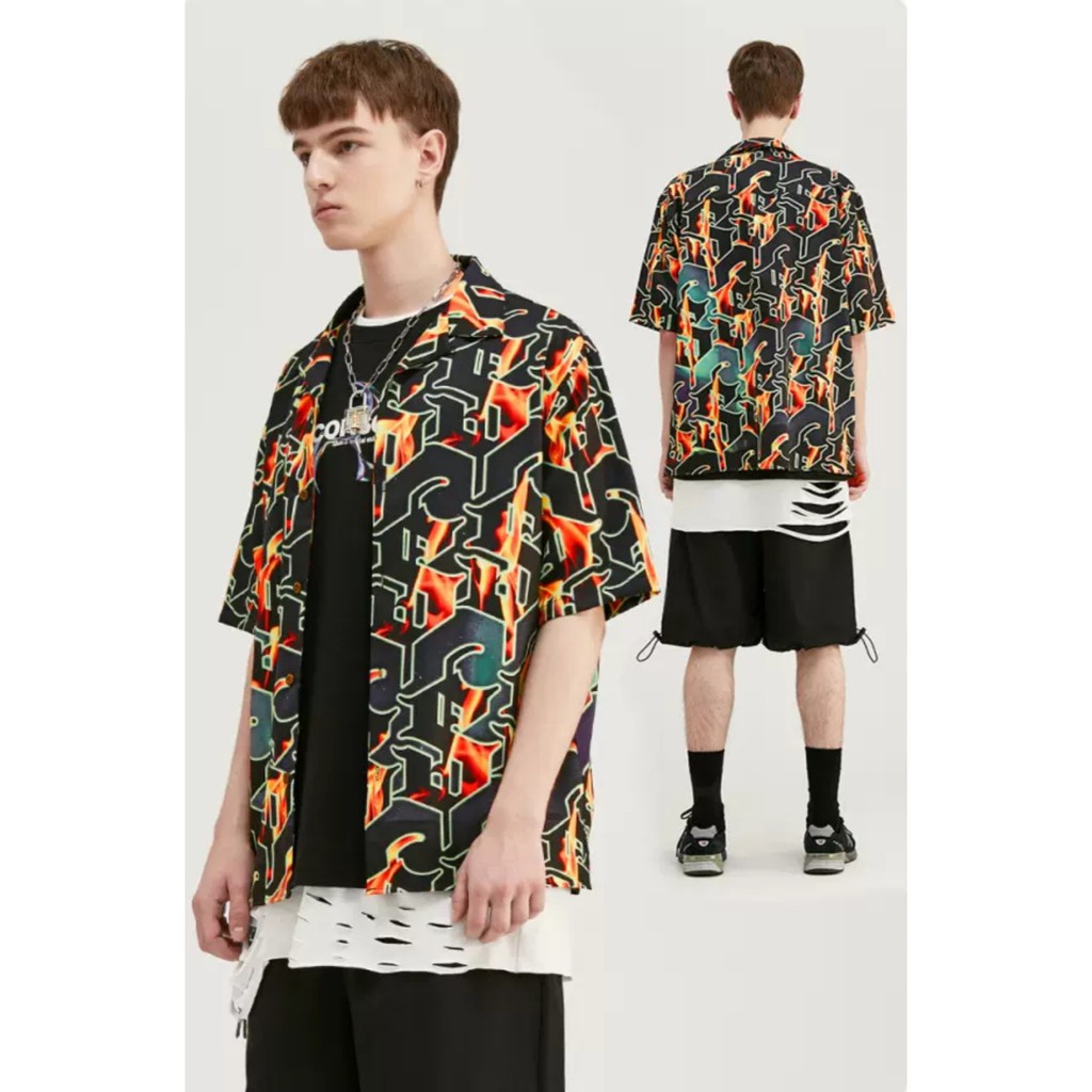 Áo sơ mi họa tiết MEANSTORE nam nữ tay lỡ Oversize form rộng ulzzang cổ pizama không nhăn dáng suông - Họa tiết lửa