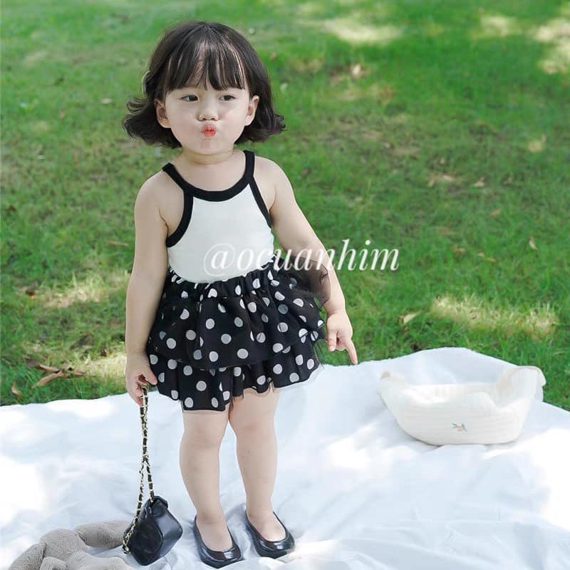 Set áo hai dây kèm quần váy chấm bi siêu xinh cho bé