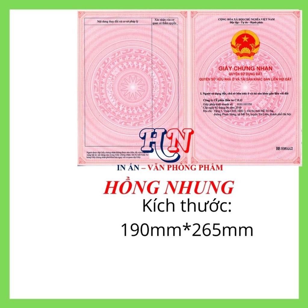 BAO BỌC SỔ HỒNG, GIẤY TỜ NHÀ ĐẤT, MÀU TRẮNG, KÍCH THƯỚC 190MM*265MMM