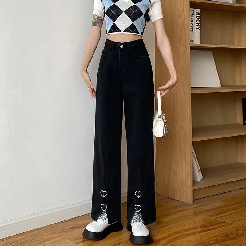 SUXI Quần Jeans Nữ Lưng Cao Ống Rộng Thời Trang Hàn Quốc Cá Tính