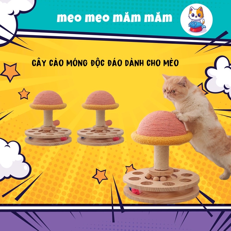 CÂY CÀO MÓNG CATTREE CHO MÈO HOÀNG THƯỢNG HÌNH CÂY NẤM HỒNG KÈM BÁNH XE GỖ VÀ BANH ĐỒ CHƠI