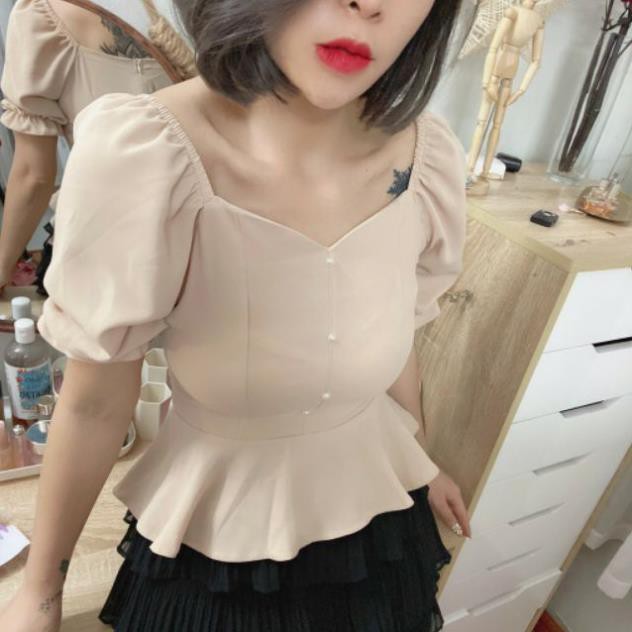 Áo nhún v khuy tay bồng bo chun hot hit