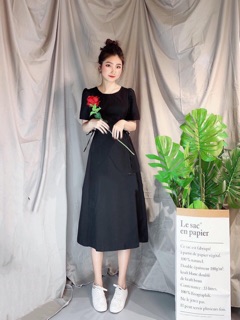 Đầm midi váy đan dây eo cổ tròn 3 màu (kèm hình thật)