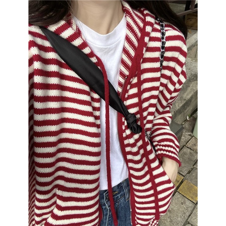 Áo hoodie ZHELIHANGFEI tay dài dáng rộng họa tiết kẻ sọc dễ phối đồ