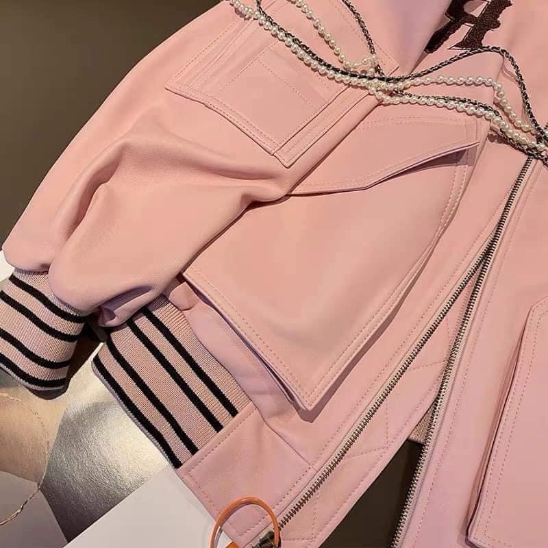 Áo bomber da hồng dáng oversize thiết kế bo chun tay và gấu áo hàng quảng châu