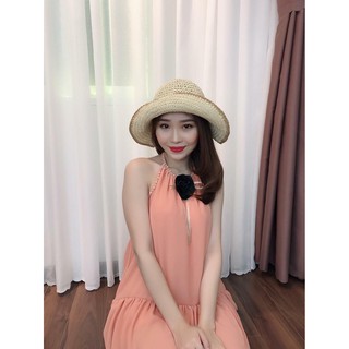 Hình thật - Xả kho Đầm suông hồng cổ yếm hở lưng kết hạt lai bèo form rộng