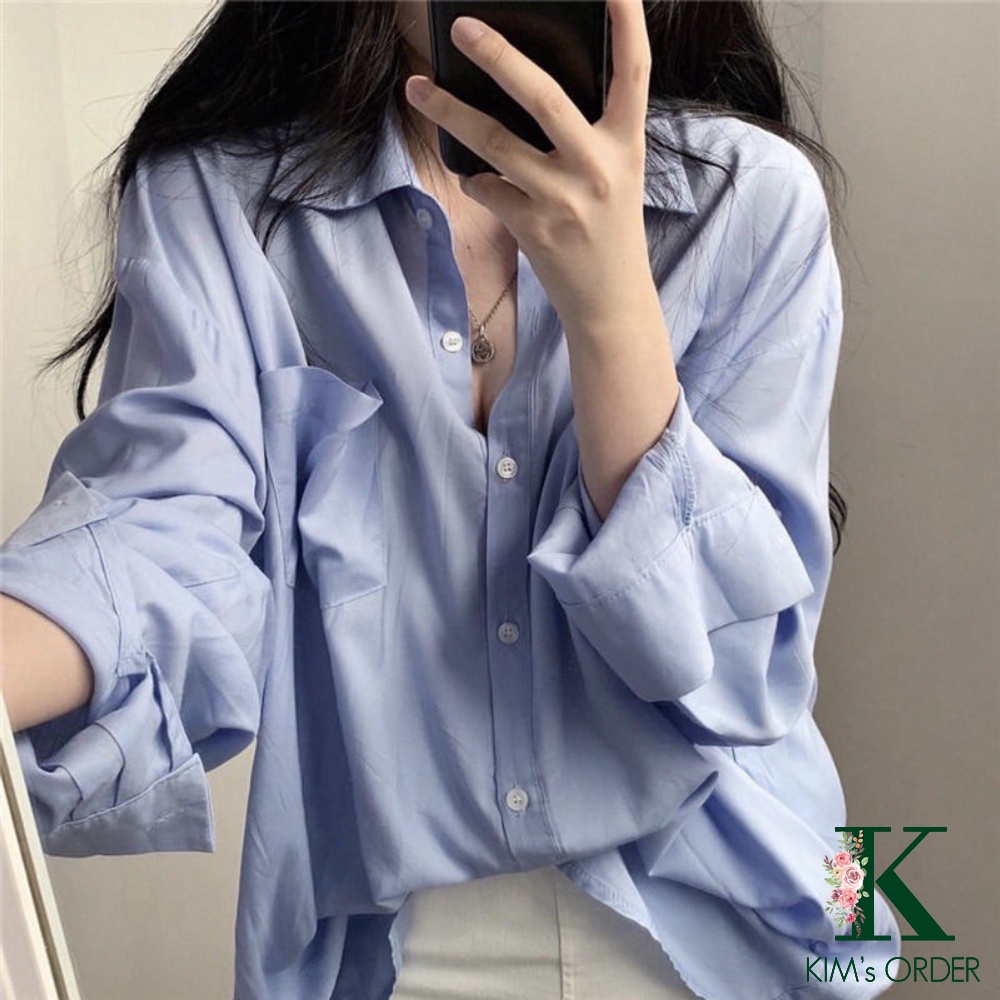 Áo sơ mi hè form rộng hai màu xanh trắng dài tay dành cho nữ chất liệu cao cấp phong cách Hàn đi học đi làm đi chơi