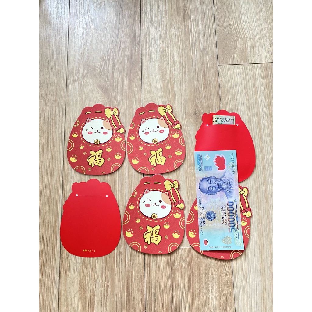 Combo 6 bao lì xì tết - Bao lì xì ép nhũ kim cao cấp mèo thần tài chữ Phúc - có sẵn tại HCM