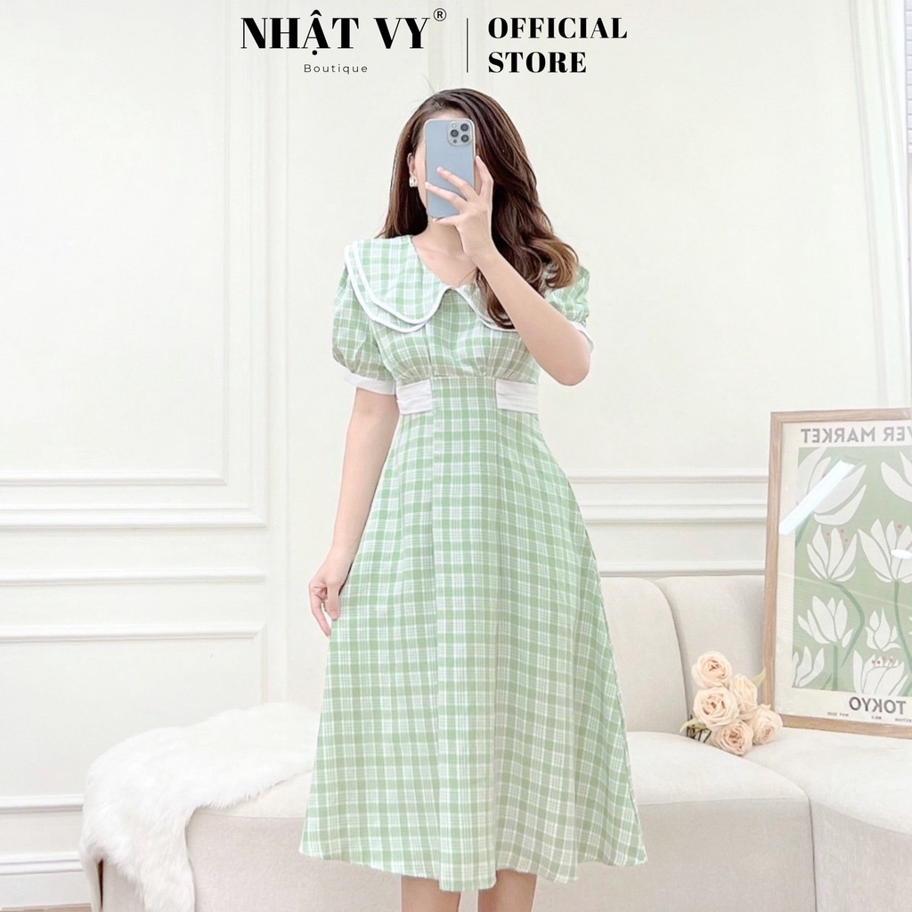 Đầm công sở Nhật vy tay phồng ngắn cổ tim bèo phối dây eo chất caro lụa phù hợp đi chơi du lịch dạo phố - D2440
