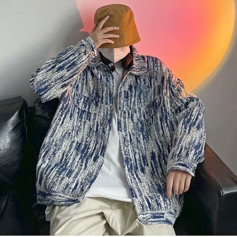 Áo Khoác Tay Dài Dáng Rộng Kẻ Sọc Nhuộm Màu Kiểu Hàn Quốc Thời Trang Mùa Thu Cho Nam