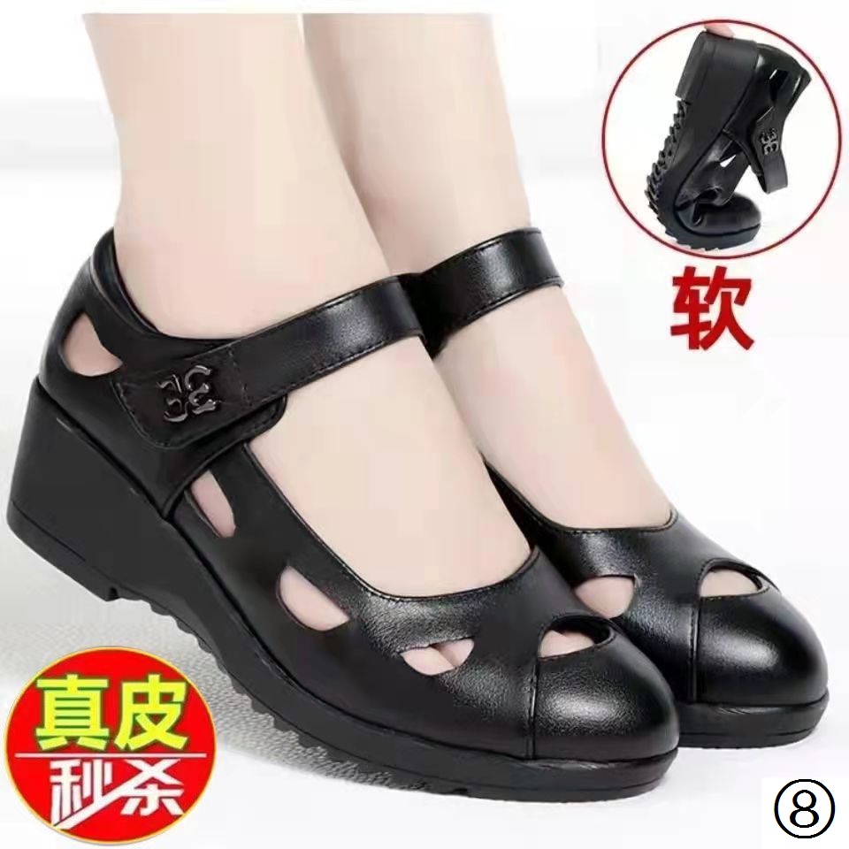 Giày Sandal Da Bò Thật Đế Mềm Mũi Tròn Quai Dán Thời Trang Cho Phụ Nữ Trung Niên