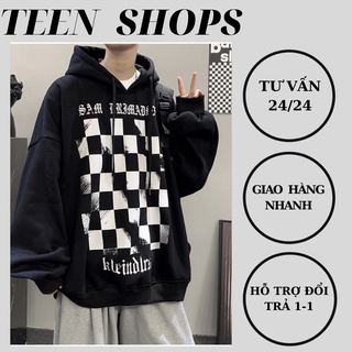 Áo Hoodie ,Áo Nỉ Bông In Họa Tiết Ô Vuông Caro Trước Ngực From Rộng Phong Cách Hàn Quốc
