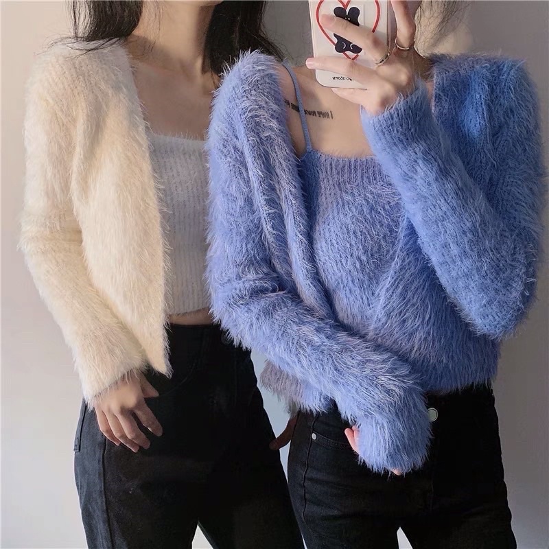 [SẴN ] Set áo lông 2 dây+áo khoác lông tay dài cực xinh 4 màu xanh/hồng/trắng/đen | BigBuy360 - bigbuy360.vn