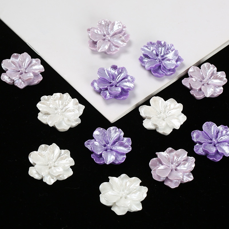 Set 10 phụ kiện hoa năm cánh hai lớp bằng resin đính ngọc trai mặt sau phẳng trang trí ốp điện thoại diy