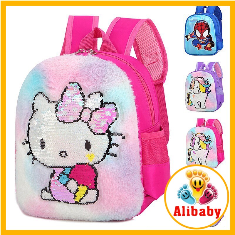 Balo Nhung Đính Kim Sa Hình Ngựa Lân Mèo Hello Kitty Màu Cầu Vồng Cho Bé Gái học mẫu giáo E287