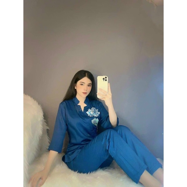 Set Bộ Lam Tay Lỡ Đi Chùa Chất Gấm Xước Áo Cổ Tàu Đính Hạt Xẻ Tà Vạt Bầu + Quần Ống Xuông