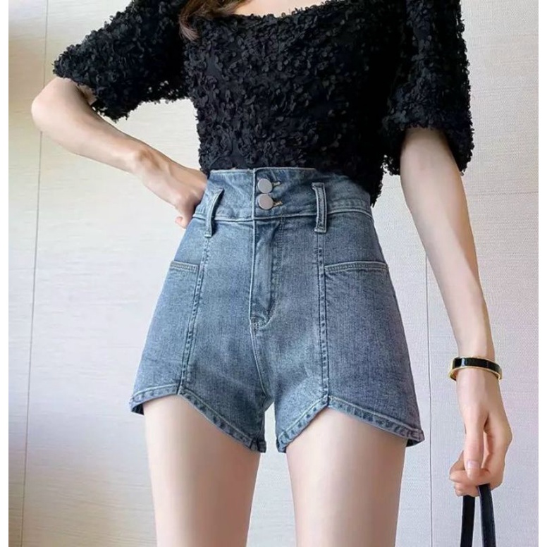 Quần shorts jeans lưng cao phối 2 nút chất jeans co giãn cam kết hàng y hình+ clip chính chủ ( size S, M, L, XL)