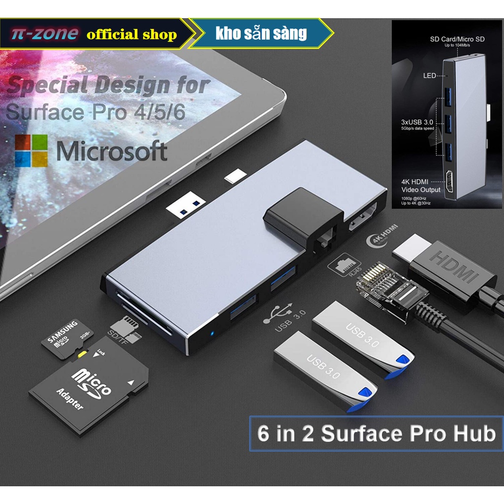Bộ chuyển đổi USB 6 trong 1 cho Microsoft Surface Pro 6 / Pro 5 / Pro 4 cổng hub mạng Docking Station với Bộ chuyển đổi USB hdmi 4K, 3 cổng USB 3.0 (5Gps), Màn hình usb đầu đọc thẻ SD / TF Micro Card Reader
