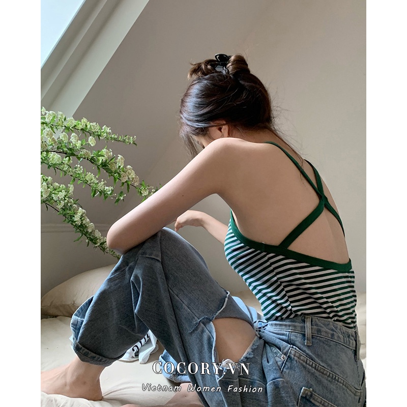 Cocory vn Áo Croptop Trễ Vai Hoạ Tiết Kẻ Sọc Phong Cách Vintage Mới