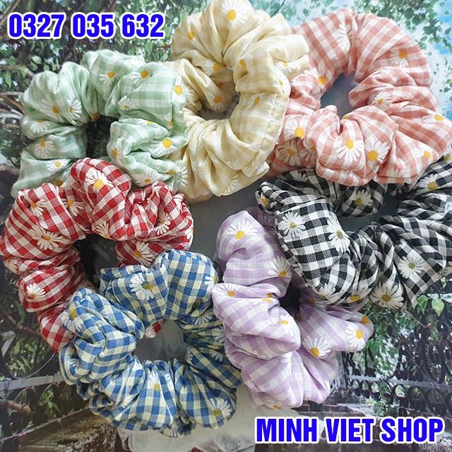[Cột Tóc Vải Scrunchies] Dây Buộc Tóc Scrunchies Kẻ Caro Hoa Cúc Nhiều Màu Hàn Quốc