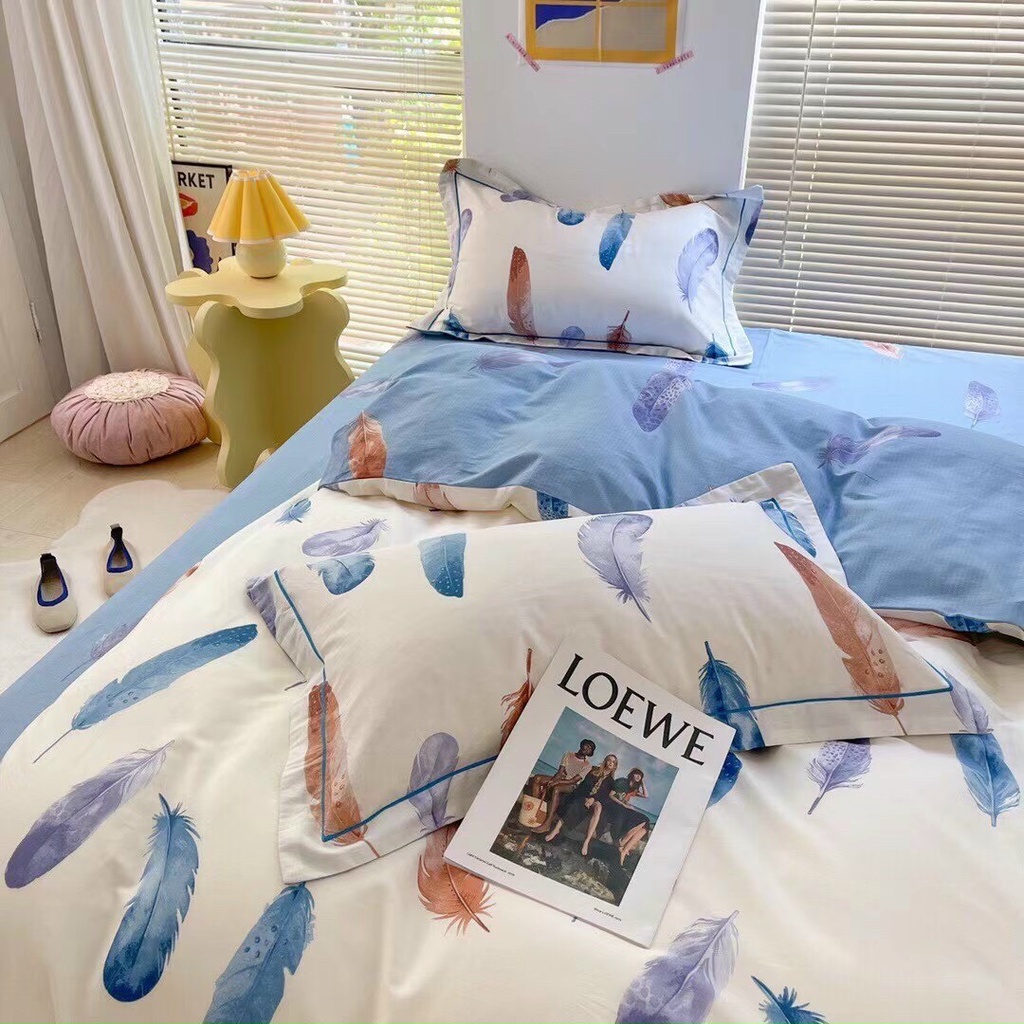 [Tặng vỏ gối ôm] Bộ 4 món chăn ga gối Cotton Living chiếc lông nhập khẩu cao cấp