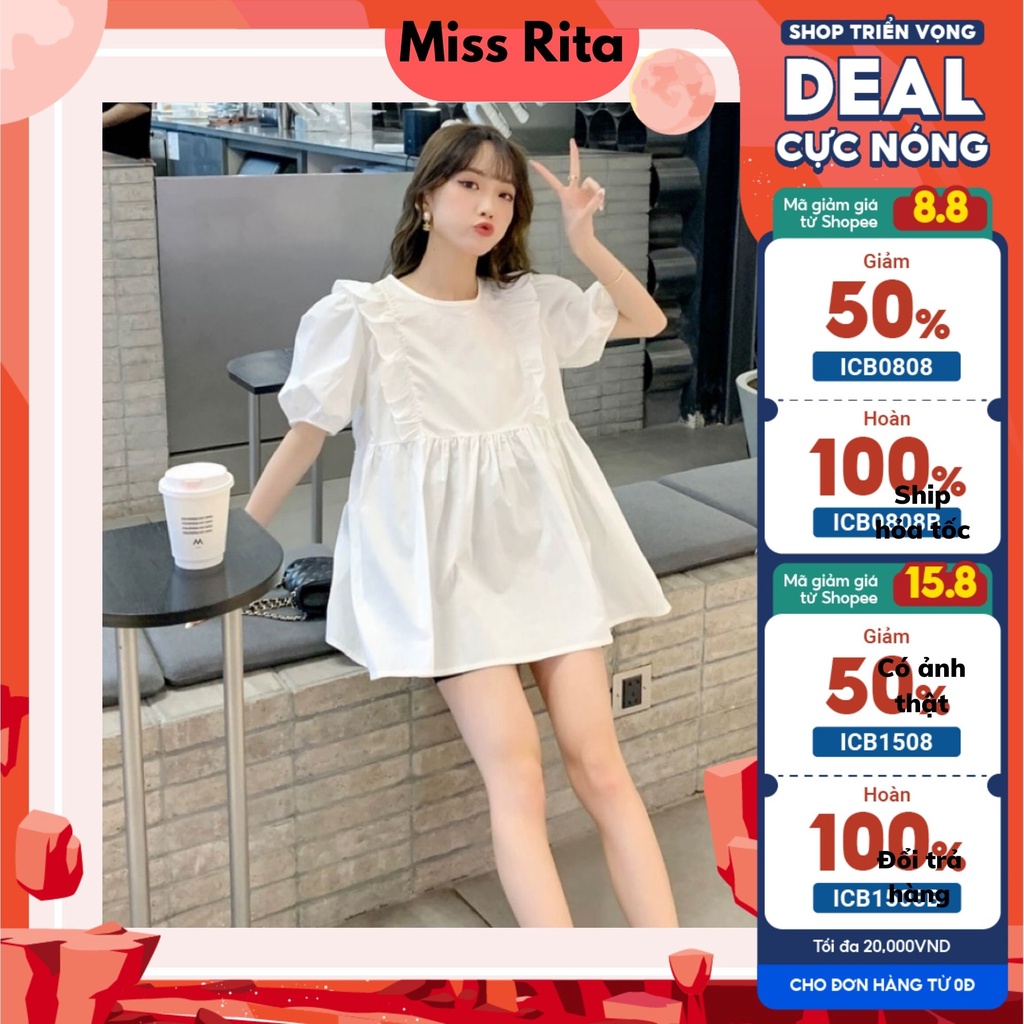 Áo babydoll thiết kế MISS RITA Áo bầu công sở tay cộc phồng hai bèo vai màu TRẮNG thiết kế bởi Miss Rita