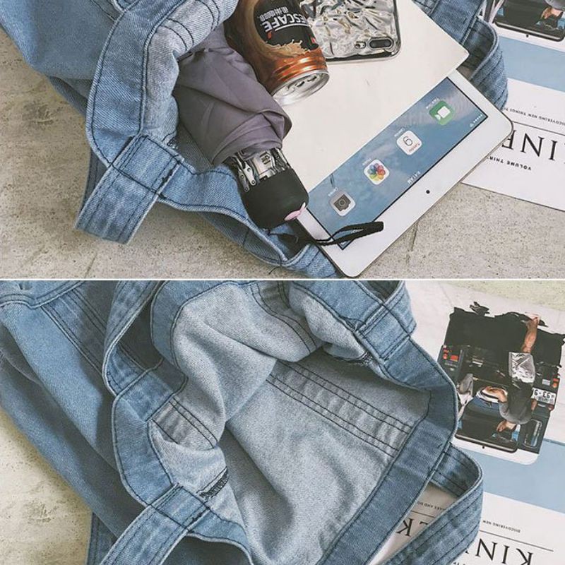 Túi đeo vai vải denim màu trơn sức chứa lớn phong cách cổ điển đơn giản thời trang cho nữ