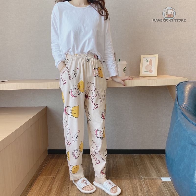 Quần ngủ dáng rộng in họa tiết hoạt hình phong cách Hàn Quốc đáng yêu thời trang cho nữ
