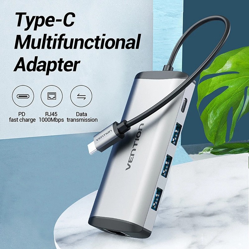 Cáp chuyển đổi Type-C ra LAN Gigabit 10/100/1000Mbps kèm 3 cổng USB 3.0 cao cấp chính hãng Vention TGDHB