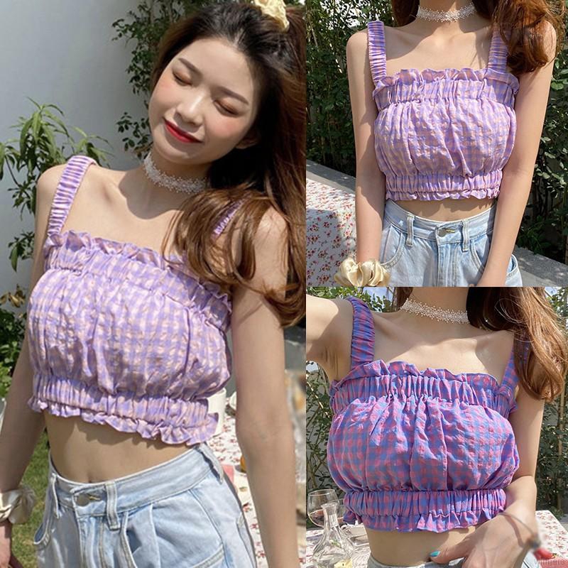 Áo 2 dây hở rốn dáng ôm họa tiết sọc caro thời trang cho nữ | BigBuy360 - bigbuy360.vn