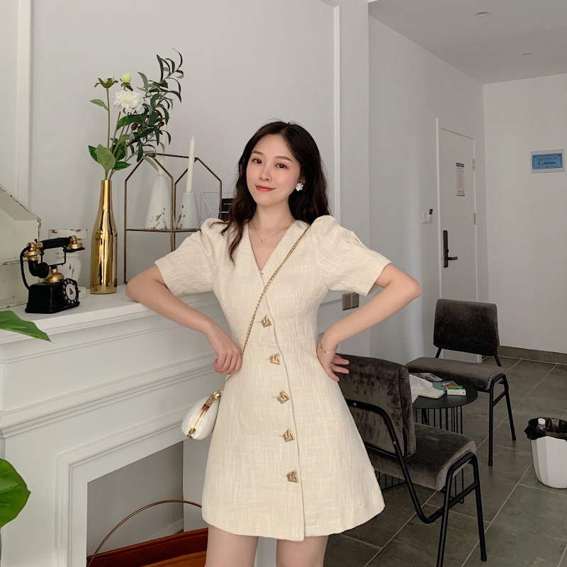 Đầm Midi Dáng Chữ A Cổ V Tay Phồng Màu Trơn Xinh Xắn