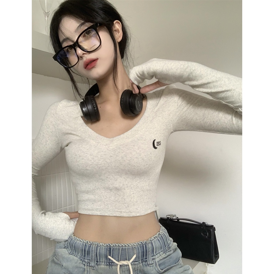 Áo Thun Lửng Tay Dài Cổ V Thêu Hình Mặt Trăng Thời Trang Mùa Thu Cho Nữ