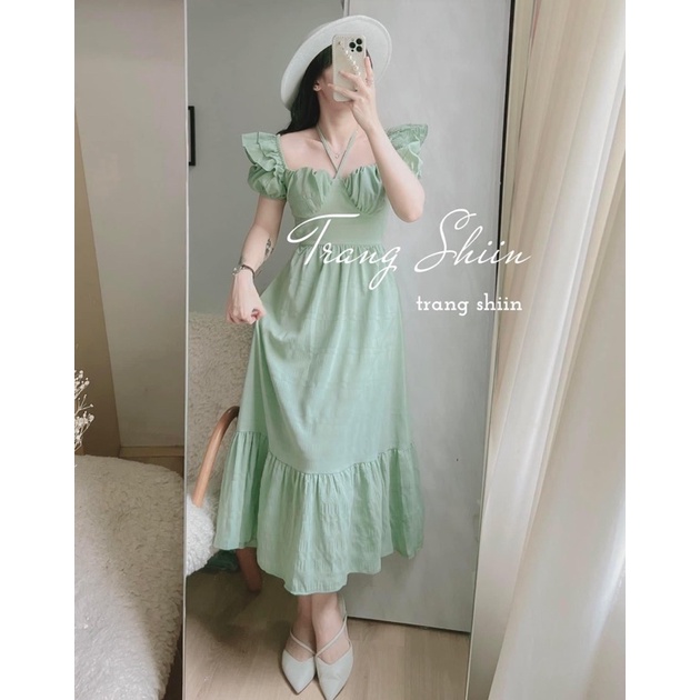 ĐẦM XANH MIDI DÂY CHÉO CỔ TAY BỒNG