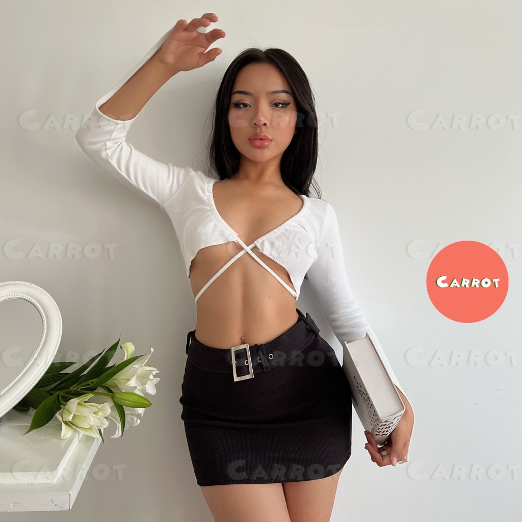Áo croptop tay dài sexy trắng thiết kế chân váy đen basic ôm eo tôn dáng trendy thời trang nữ carrotxinhdep