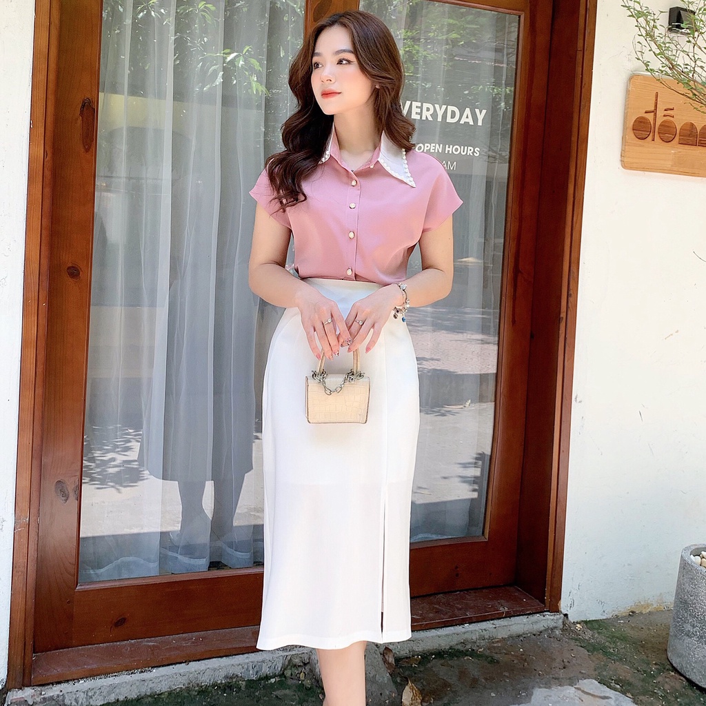 Áo sơ mi nữ lụa mềm mát cổ đức đính khuy công sở 3 màu ngắn tay A887 HILA