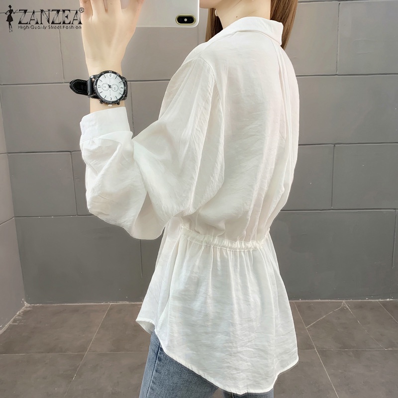 Áo sơ mi Zanzea cổ bẻ dáng rộng màu trơn phối dây rút thời trang trẻ trung cho nữ