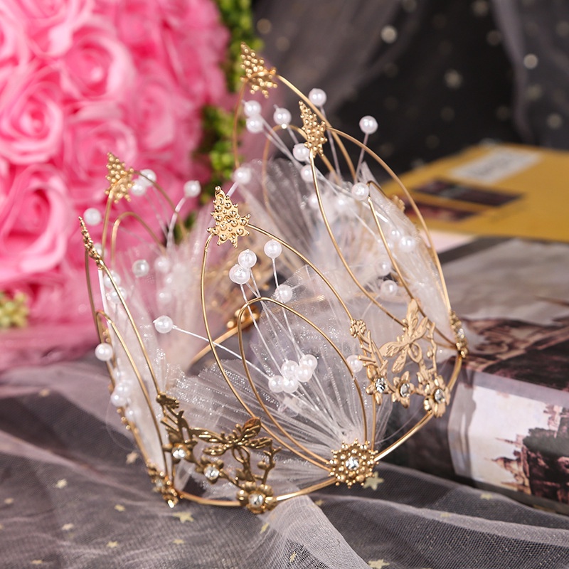 vương miện trang trí bánh [FREESHIP❤️] vương miện hợp kim vàng tua hạt nhựa