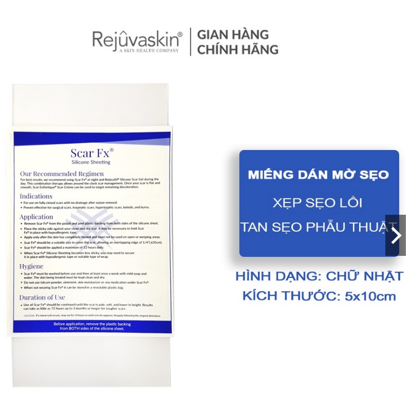 Miếng Dán Sẹo Lồi , Phì Đại REJUVASKIN Scar FX 5x10cm - ngochan cosmetics