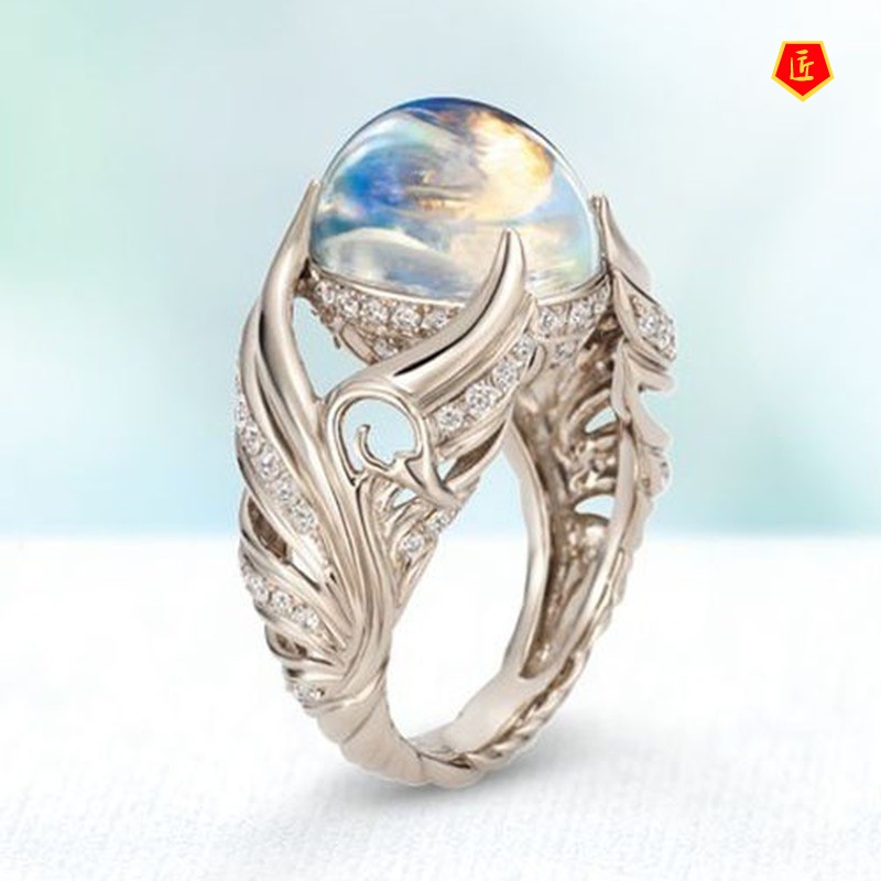 Nhẫn đính đá mặt trăng trang trí hình cánh thiên thần thời trang