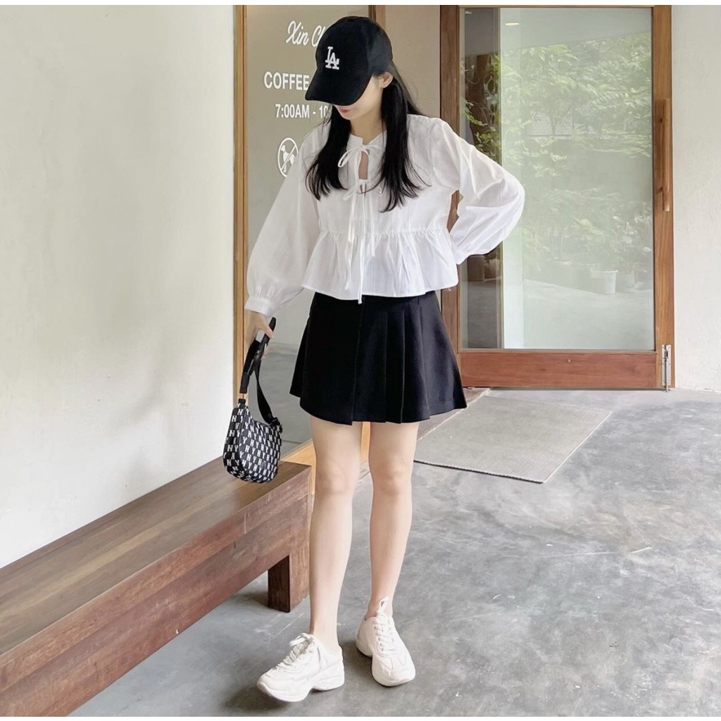 [Ảnh thật/Sẵn] Set áo babydoll dáng ngắn nơ dây mix chân váy xếp ly lệch tà ulzzang