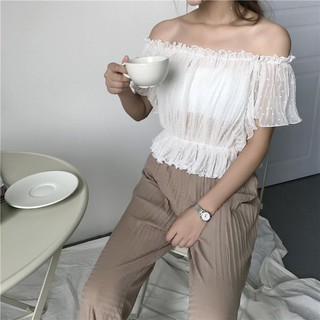 Áo trễ vai voan chấm bi xòe