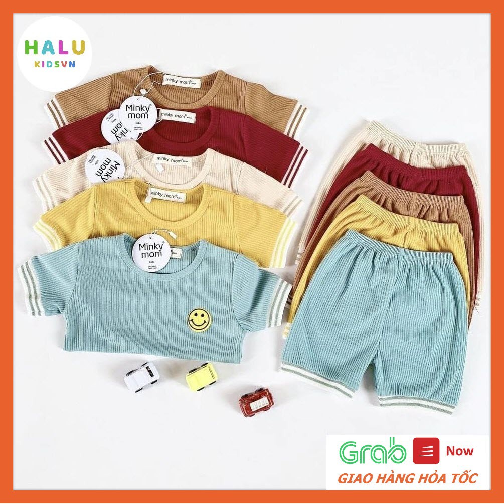 [Mã FASHIONXANH15 giảm 10K đơn 50K] Bộ cộc tay Minky Mom mặt cười chất thun gân cho bé trai bé gái - Halukidsvn.BCG01