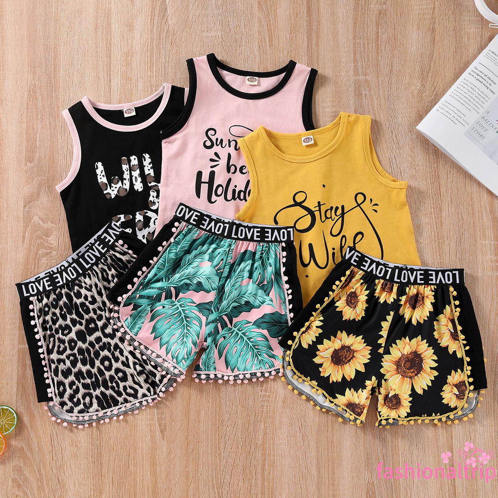 Set Đồ Mùa Hè 2 Món Gồm Áo Tank Top Cổ Tròn In Chữ + Quần Short In Họa Tiết Hoa Hướng Dương / Lá / Da Báo Cho Bé Gái 2-7 Tuổi